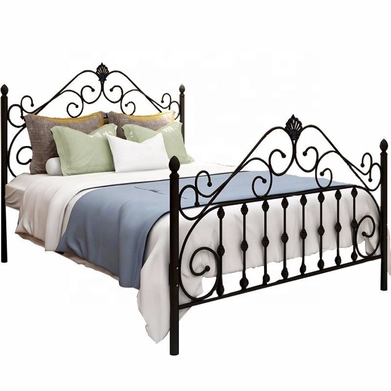 Black Queen Size Metal Bed Easy Assembly Electrostatic Powder Coating